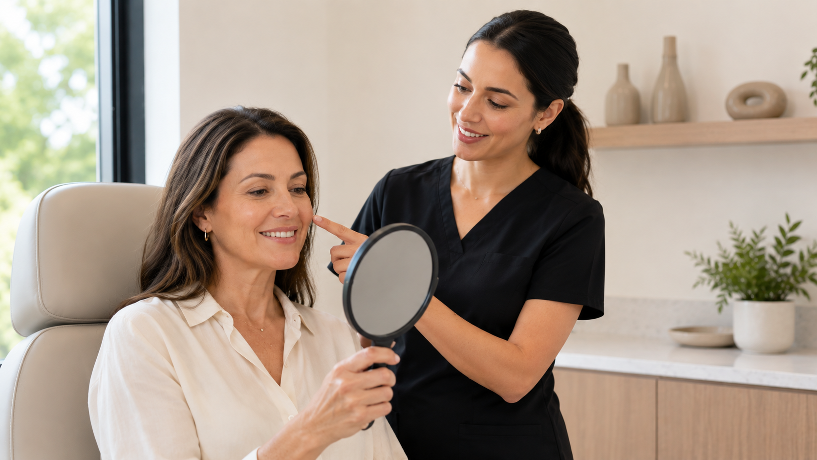 2026 06 skinjectablescom post treatment results review v1 skinjectables - client reviewing facial aesthetic treatment results with skincare specialist using mirror
