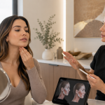 Patient reviewing jawline and facial profile during aesthetic consultation