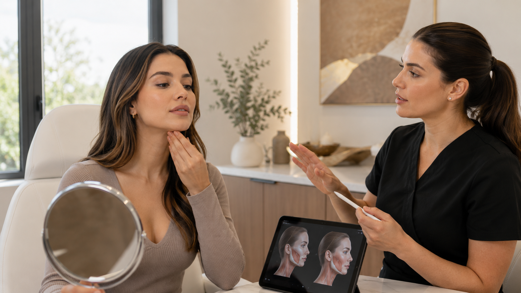 2026 07 skinjectablescom jawline consultation treatment planning v1 skinjectables - patient reviewing jawline and facial profile during aesthetic consultation