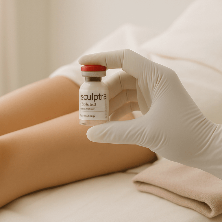 Gloved hand holding a Sculptra vial near patient’s legs.