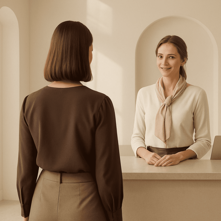 Friendly receptionist welcoming a client at a modern aesthetics clinic.