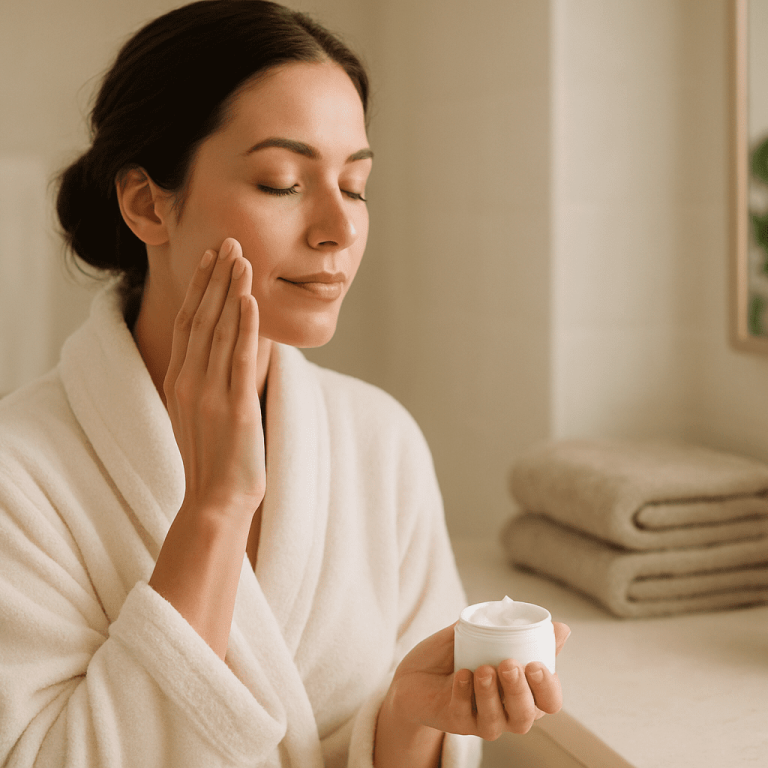 Calm woman applying face cream as part of her skincare routine.
