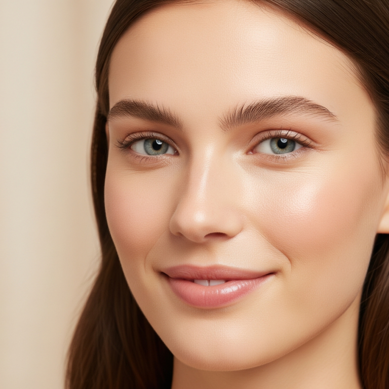 Close-up portrait of a woman with smooth, natural-looking skin after aesthetic treatment.