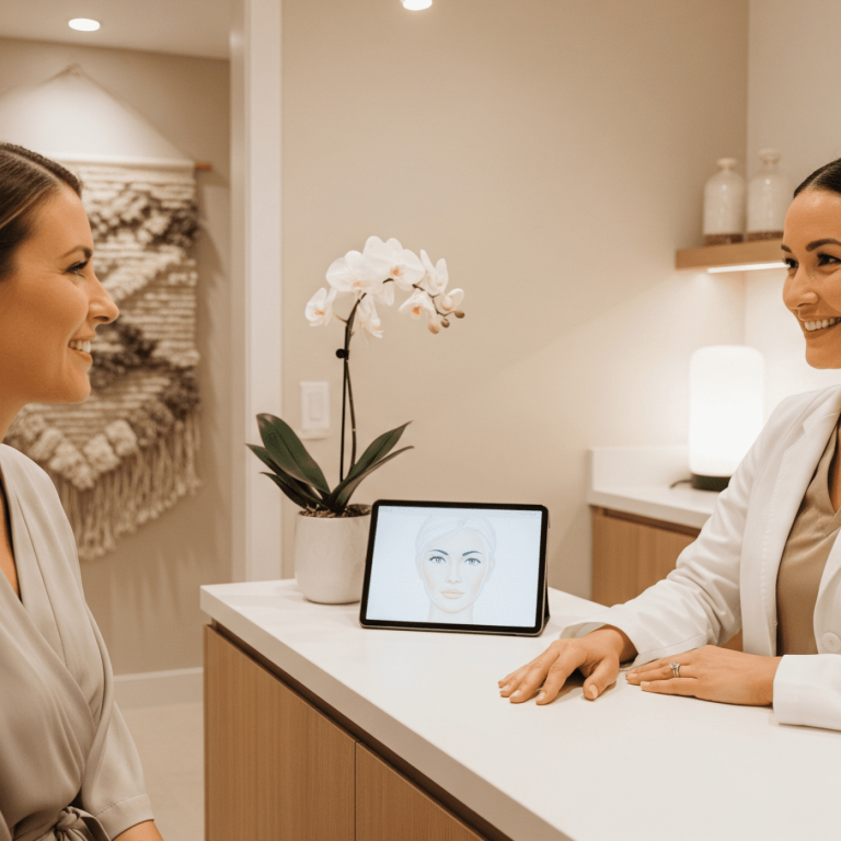 Patient consulting with an aesthetic provider about injectable treatment options.