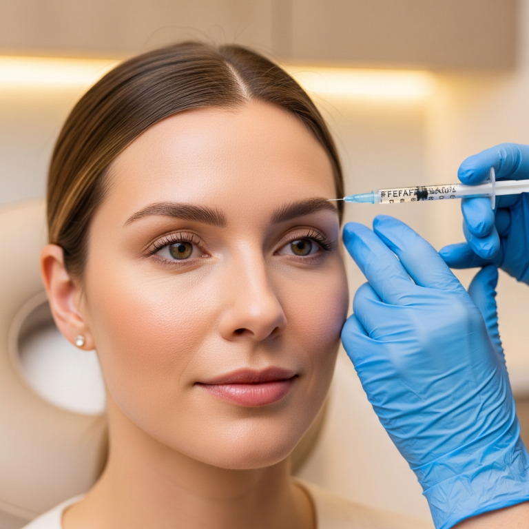 Medical professional administering a forehead injection during a cosmetic treatment session.