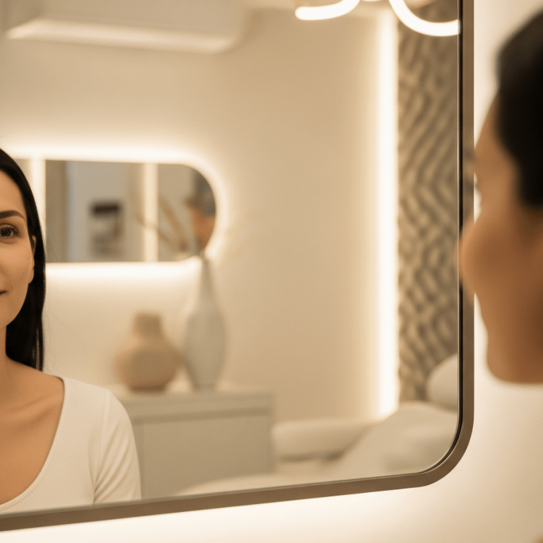 Smiling woman looking in the mirror after a cosmetic injectable treatment.