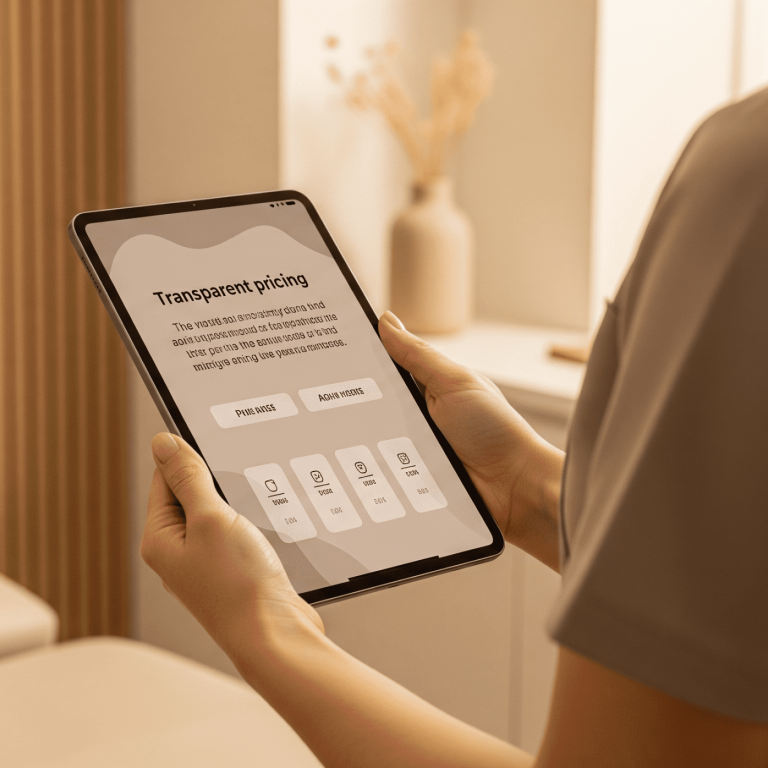 Person holding a tablet displaying transparent aesthetic treatment pricing.