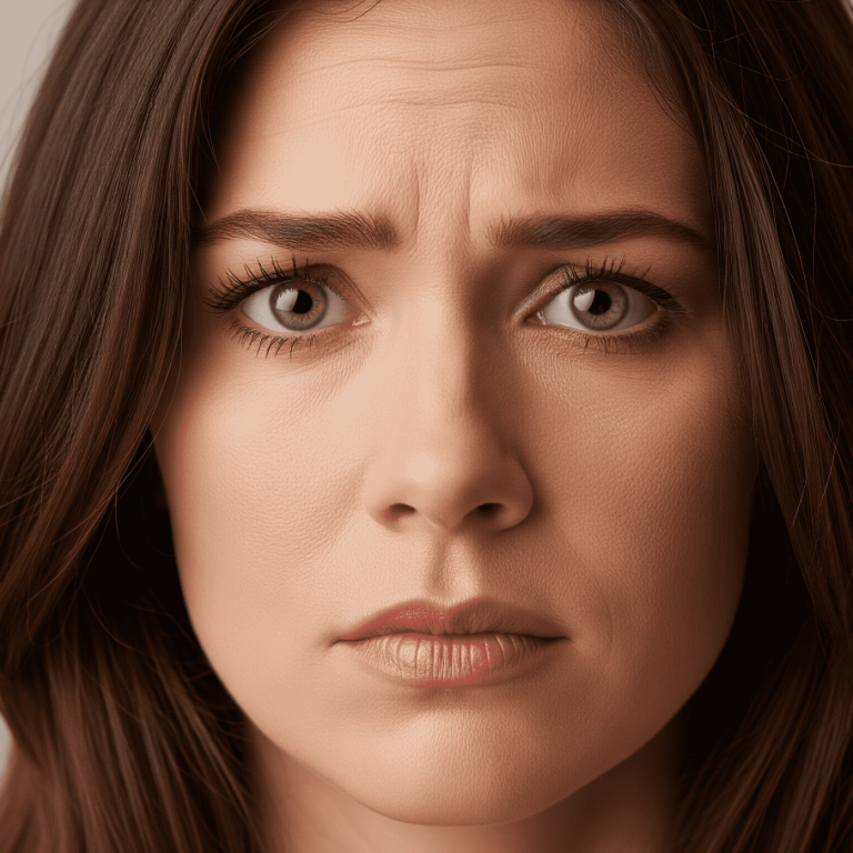 Close-up of a woman frowning, showing visible forehead lines.