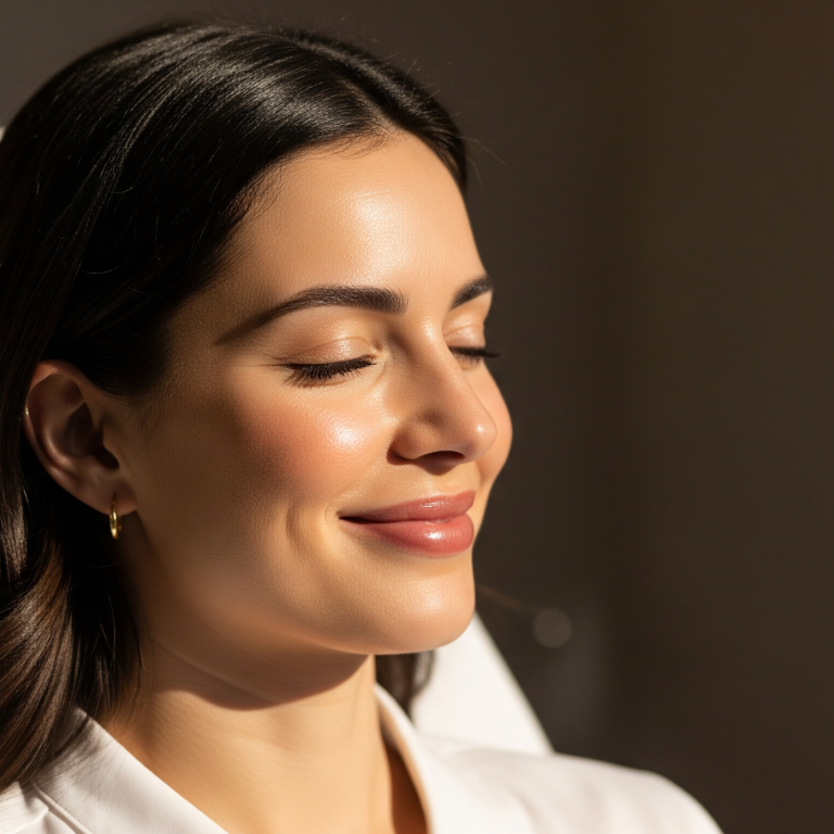 Relaxed woman with eyes closed during a non-invasive aesthetic treatment at Skinjectables