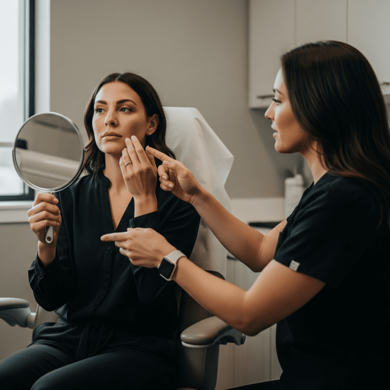 Injector consulting with a patient while pointing to facial treatment areas during an aesthetic consultation