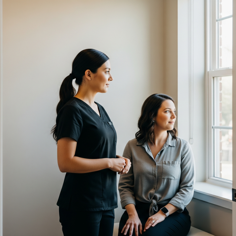 Aesthetic provider standing beside a seated patient during a skincare consultation by a window