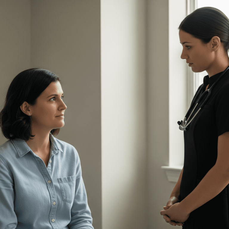 Aesthetic provider speaking with a seated patient during a one-on-one consultation