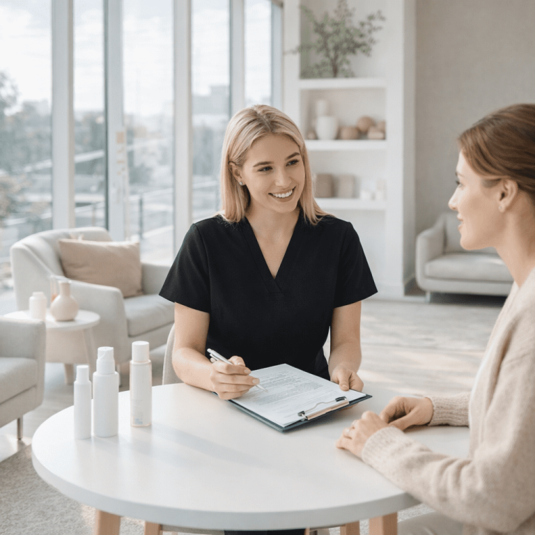 Aesthetic provider discussing treatment plan with client using consultation form