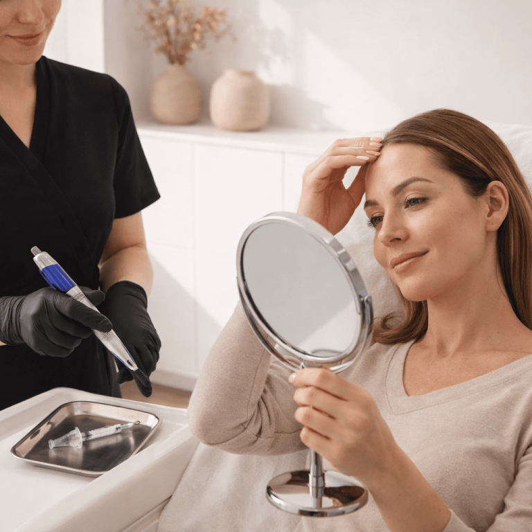 Patient examining skin results in mirror after injectable anti-aging treatment