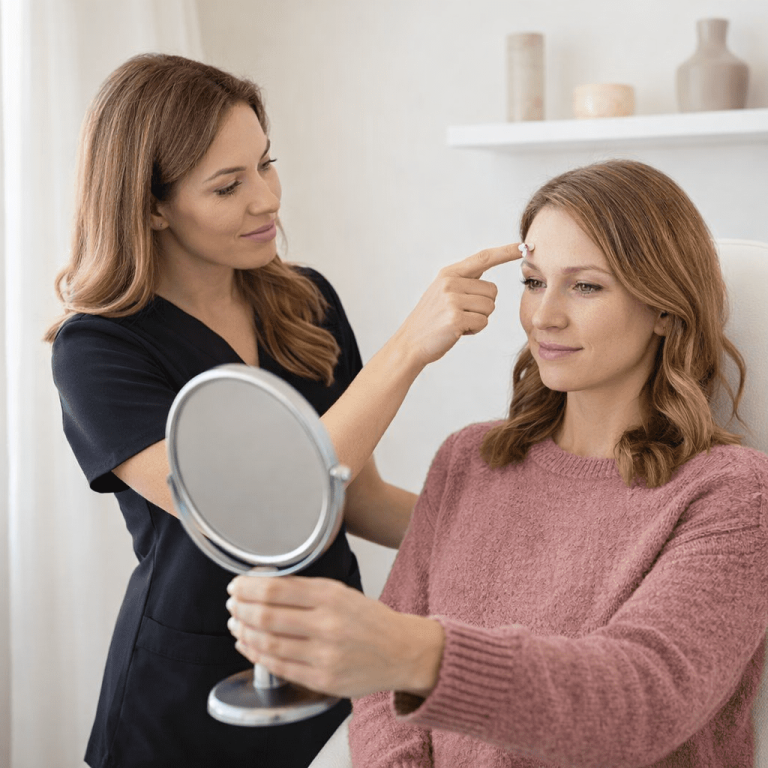 Aesthetic practitioner evaluating forehead lines while patient looks in mirror