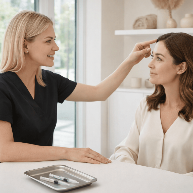 Aesthetic provider consulting with patient about facial filler treatment options