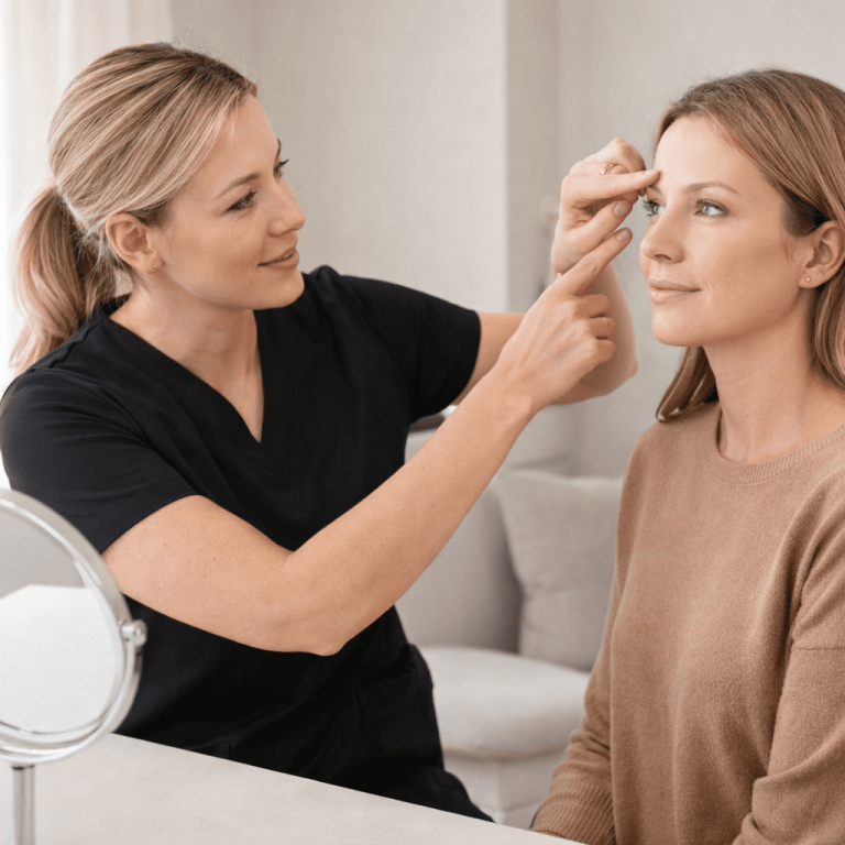 Aesthetic practitioner marking injection points on patient forehead before treatment