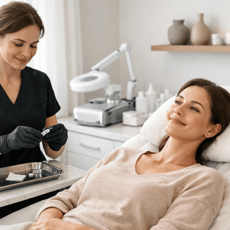 Aesthetic nurse preparing syringe for cosmetic injectable treatment