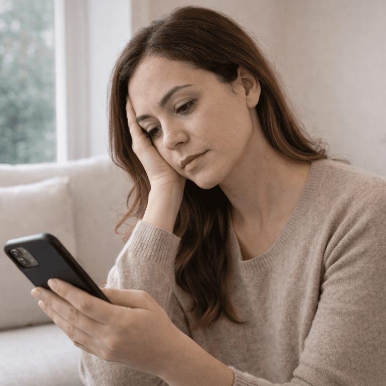 Woman researching skincare or injectable treatments on phone