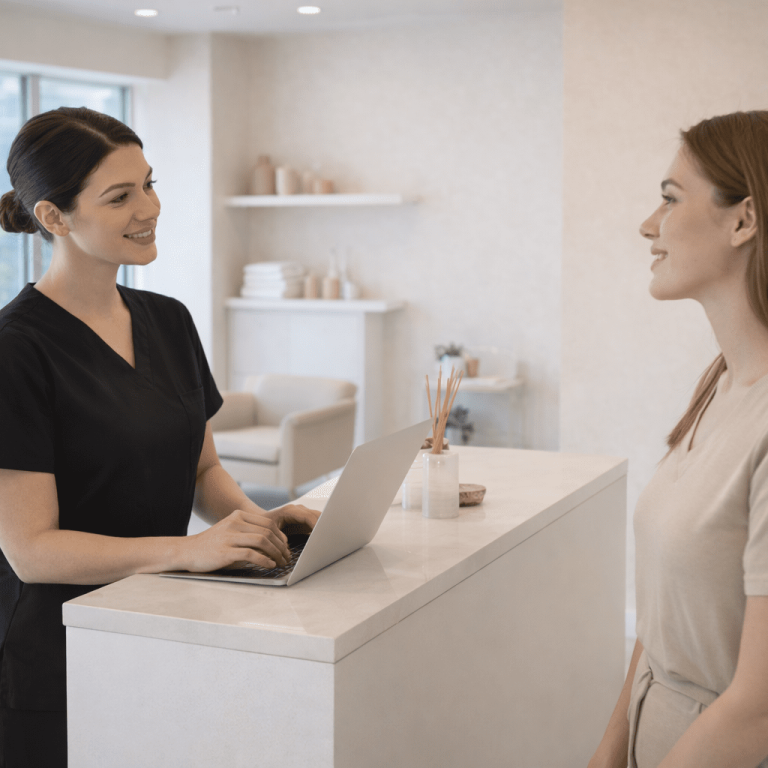 Client checking in at med spa reception desk