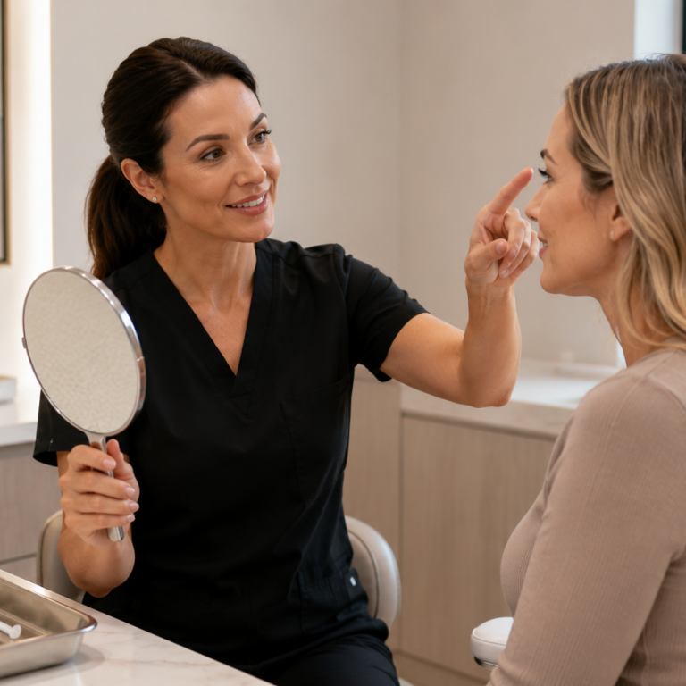 Aesthetic specialist examining forehead area during injectable treatment consultation