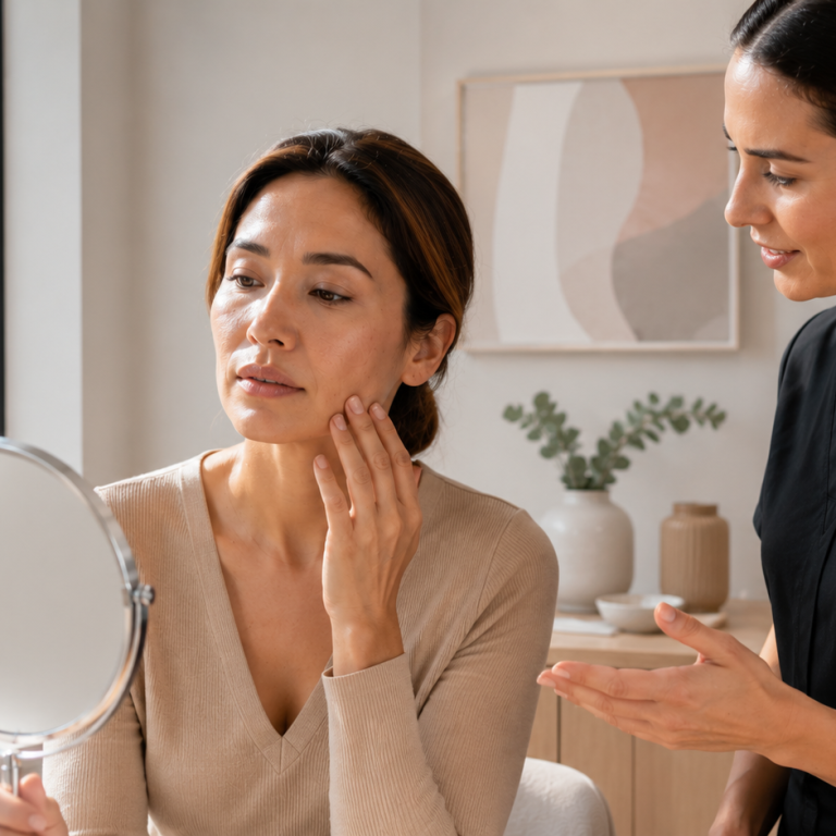 Client examining facial skin texture during skincare consultation with aesthetic provider