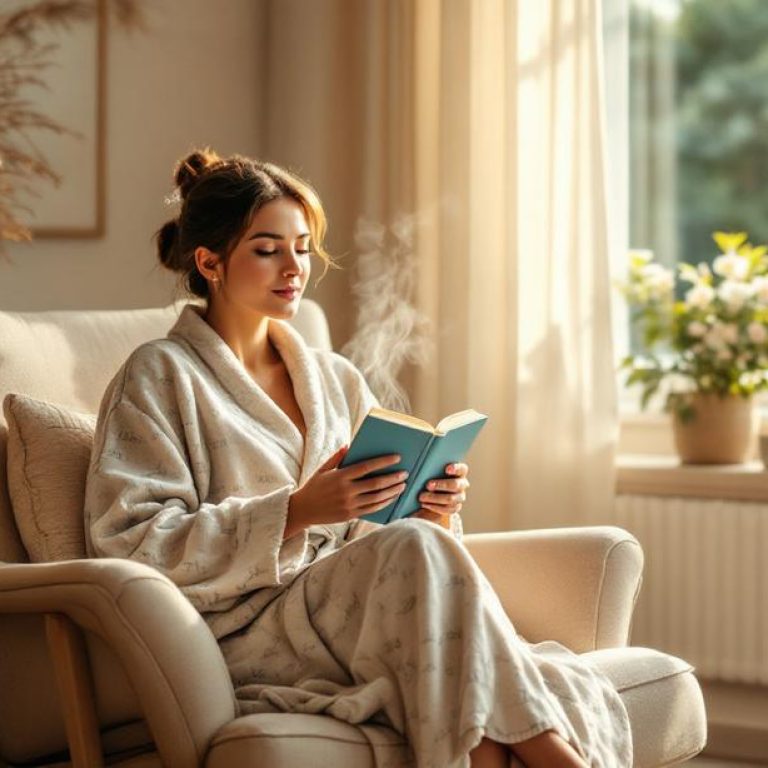 a cozy tranquil scene captures the power of self care as a woman enjoys a peaceful moment with a book and a warm beverage
