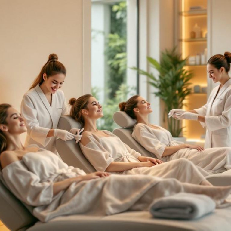 a serene spa setting where women in robes are receiving botox treatments from professional aestheticians
